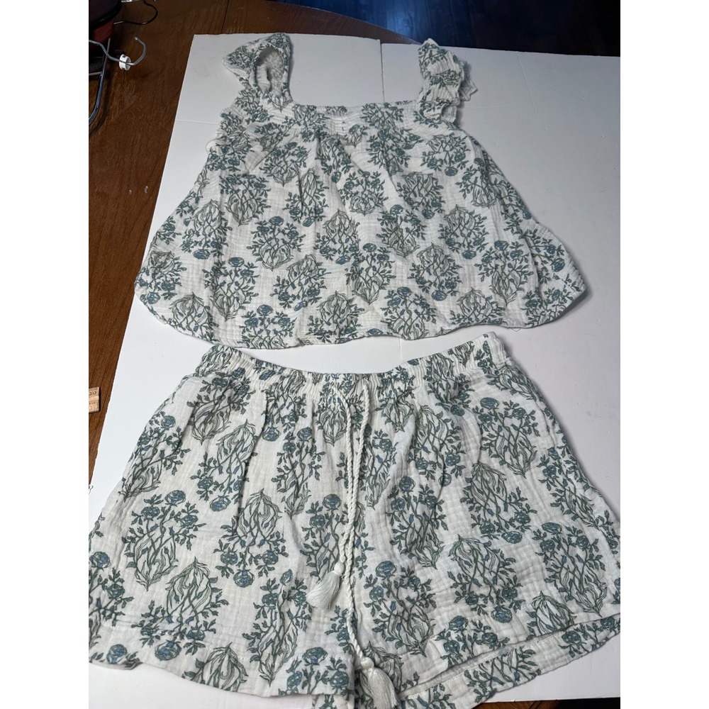 Rachel Zoe Womens Blue Floral Cotton Gauze 2 Piece Top and Shorts Set Small